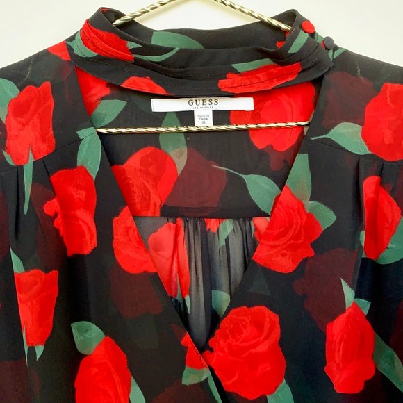 SOLD Guess Red/Black Rose-Print Blouse, M - Picture 2 of 7